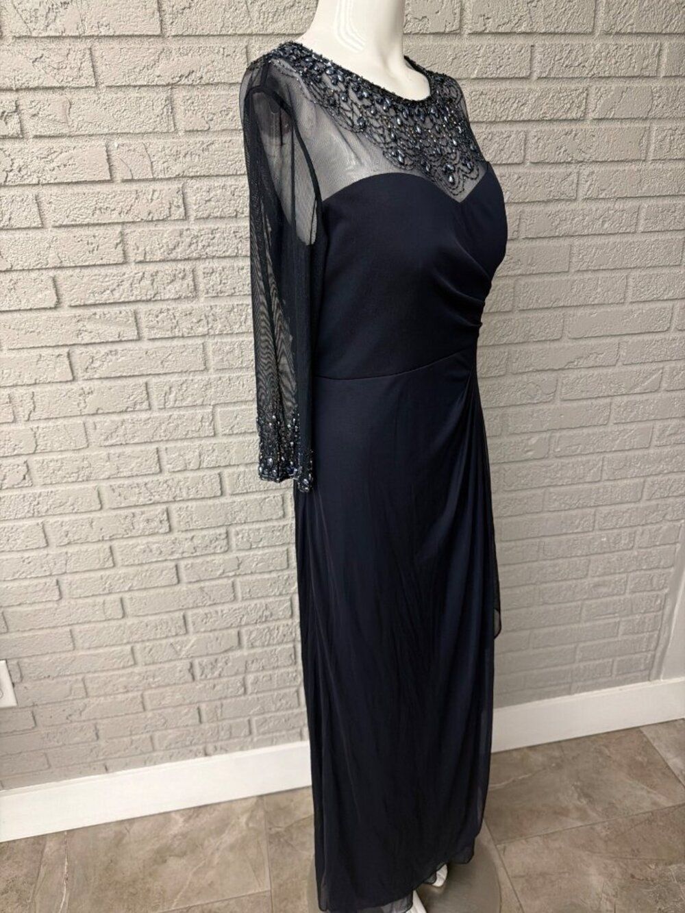 Alex Evening Illusion Beaded Navy Ruched Dress Size 12P - Picture 5 of 12